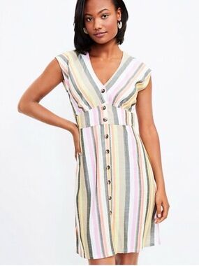 Loft Striped Dress Stripe Fitted Waist V-Neck Button Front Sleeveless Size 4